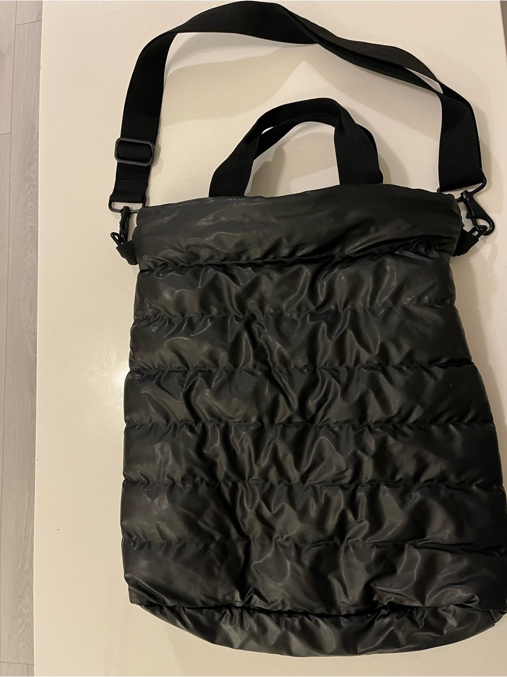 Black Quilted Nylon Tote with Adjustable Strap